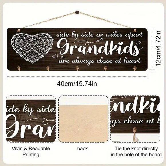Rustic Wooden Grandkids Photo Display Heart-Shaped Hanging Wall Decor NEW - Picture 4 of 4